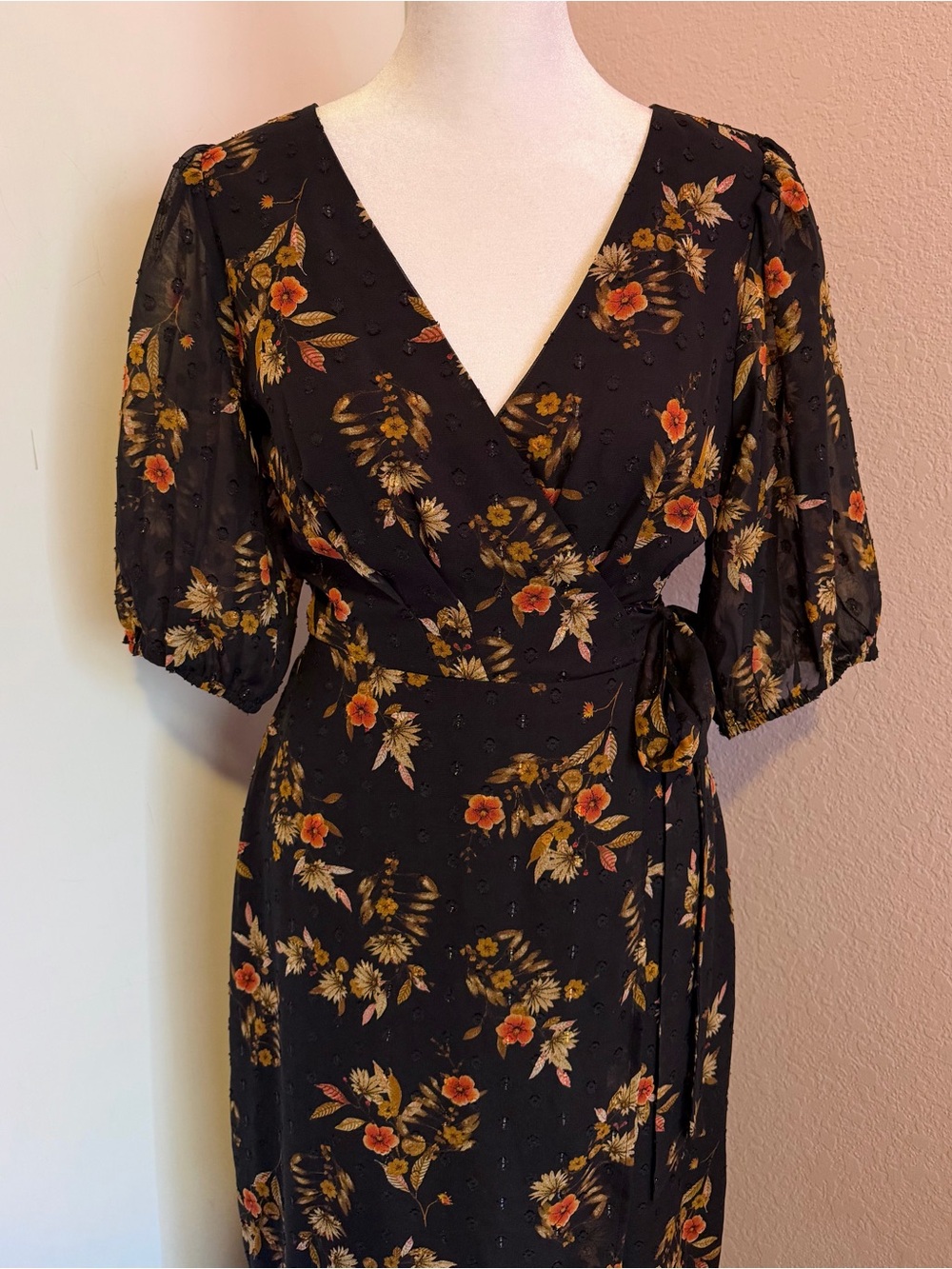 Lulus Seasonal Chic Black Floral Swiss Dot Wrap High-Low Dress - Picture 5 of 12